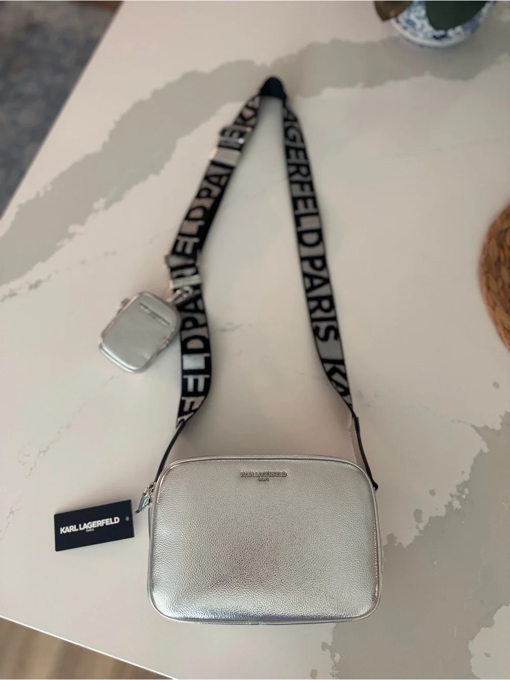 Karl Lagerfeld | Metallic Silver Leather | Camera Crossbody - Picture 1 of 10